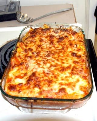 baked ravioli – easy dinner. Be good with tortalini too :)