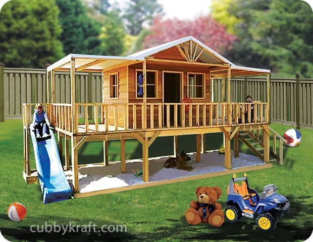 Playhouse with a deck and sand pit. wow! Forget the kids, I'll just move in!
