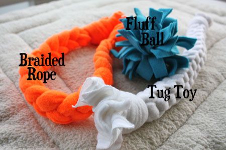 Dog Toys: fluff ball, braided rope, and tug toy