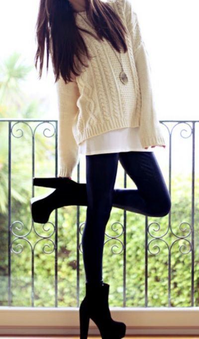 long tee + cable knit sweater  Casual day out. Looks comfy and cute