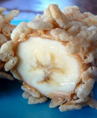 Breakfast Sushi- banana covered in peanut butter, sliced into bite size pieces,