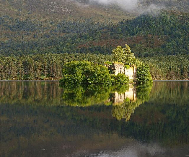 Castle ruins on Loch an Eilein, one of the most beautiful lochs in the Scottish