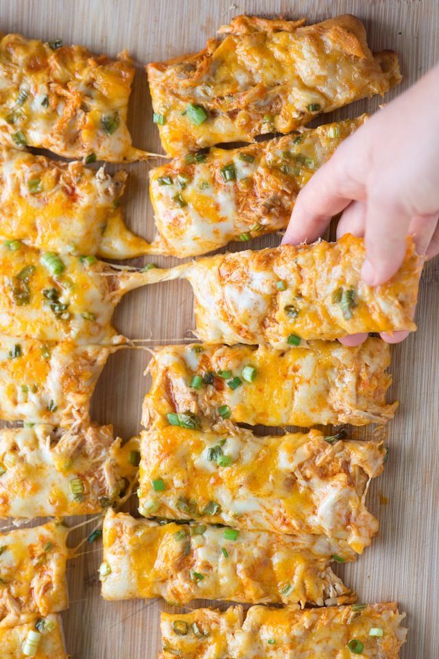 Buffalo Chicken Pizza Sticks :; A fun and easy pizza with shredded cooked chicke