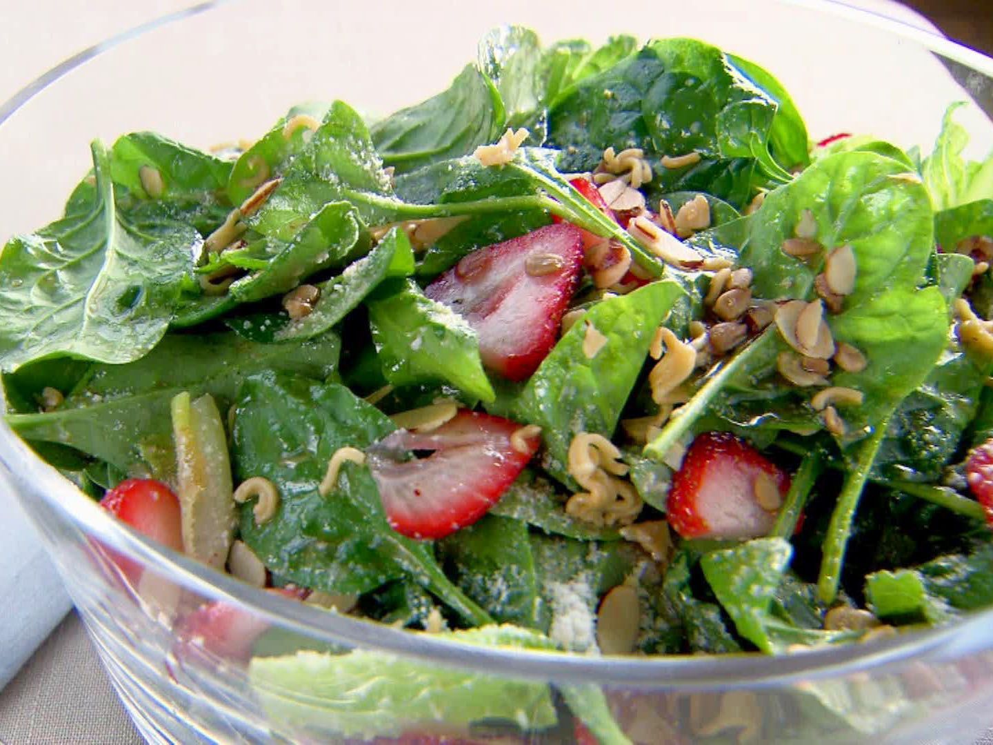 Strawberry Salad with crunchy topping and vinaigrette dressing