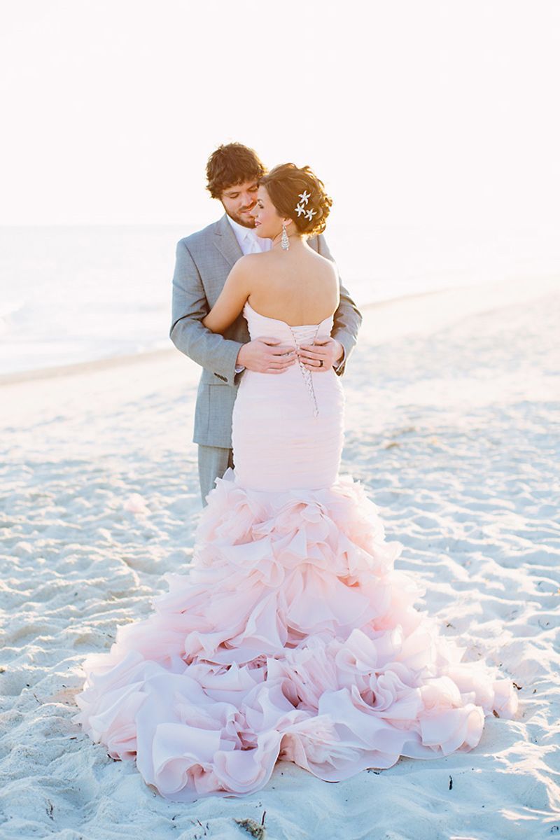 Blush Wedding Dress on the Beach #love #Engagement #diamonds  #bling #diamond #w