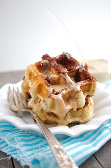 Homemade quick cinnamon roll waffles with maple glaze