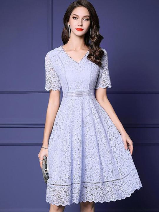 Sweet Solid Color High Waist V-Neck Lace Skater Dress -   10 dress Korean beautiful ideas