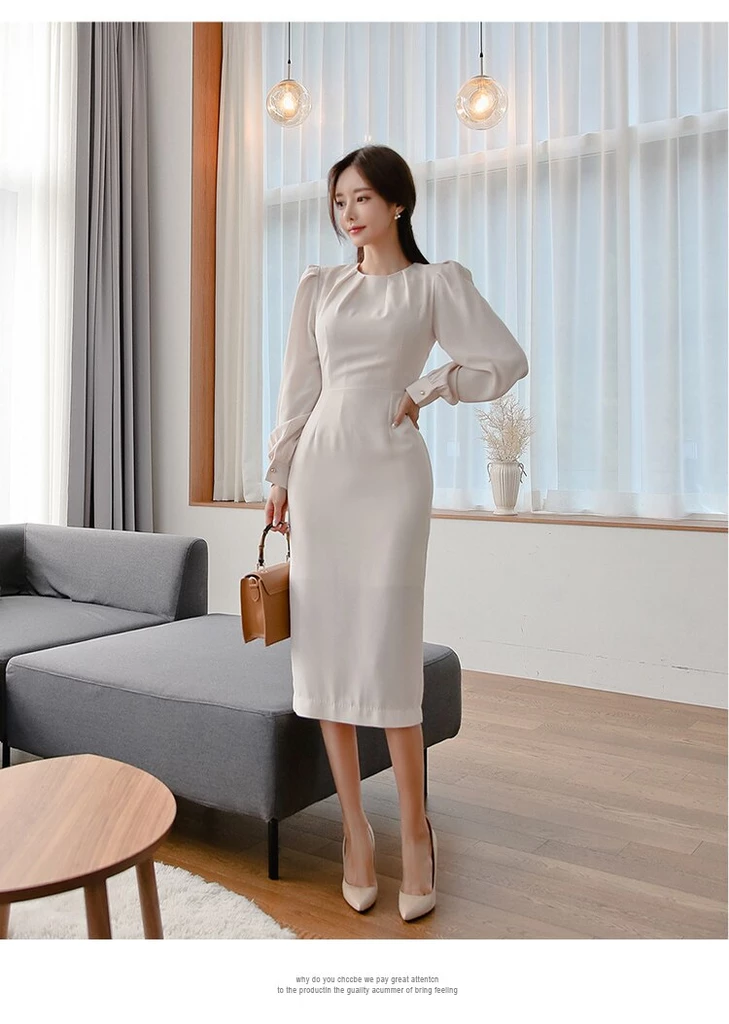Autumn Puff Long Sleeved Cloth White Solid Pencil Sexy Women's OL Dress -   10 dress Korean beautiful ideas