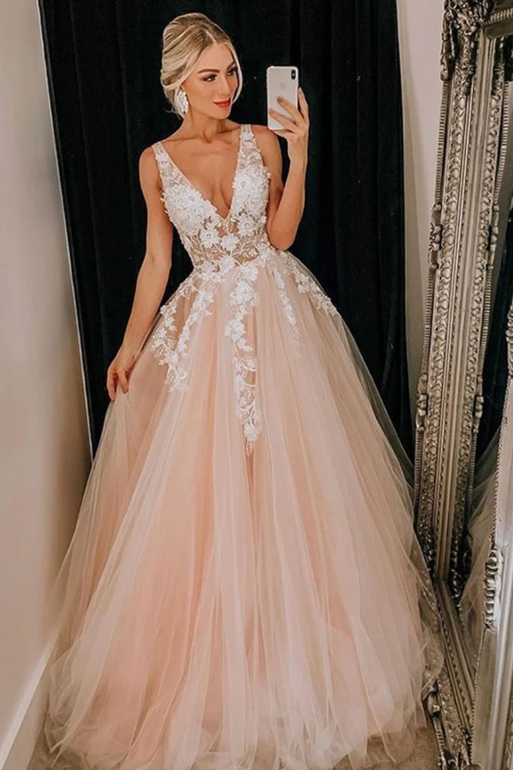 Puffy Deep V Neck Sleeveless Tulle Prom Dresses, A Line Appliqued Floor Length Party Dress US$ 179.00 AVPPJ7FHZZE - dresses-vip -   14 formal dress 2018 ideas