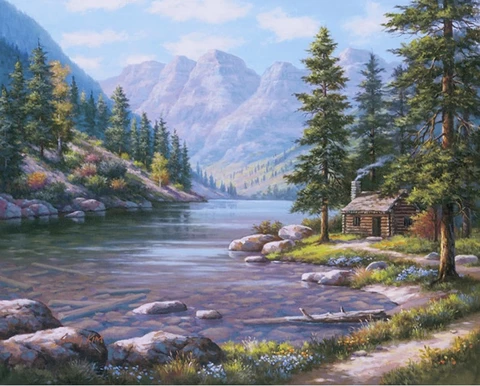 Log Cabin by The River- Landscape Paint By Numbers -   14 tall plants Painting ideas