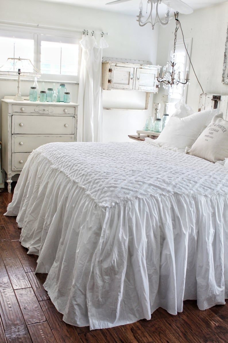 Ruffled Chenille Coverlet Bedspread |  Shabby Chic Bedding | Chenille Bedding | White Ruffled Bedding -   15 room decor Bedroom chic ideas