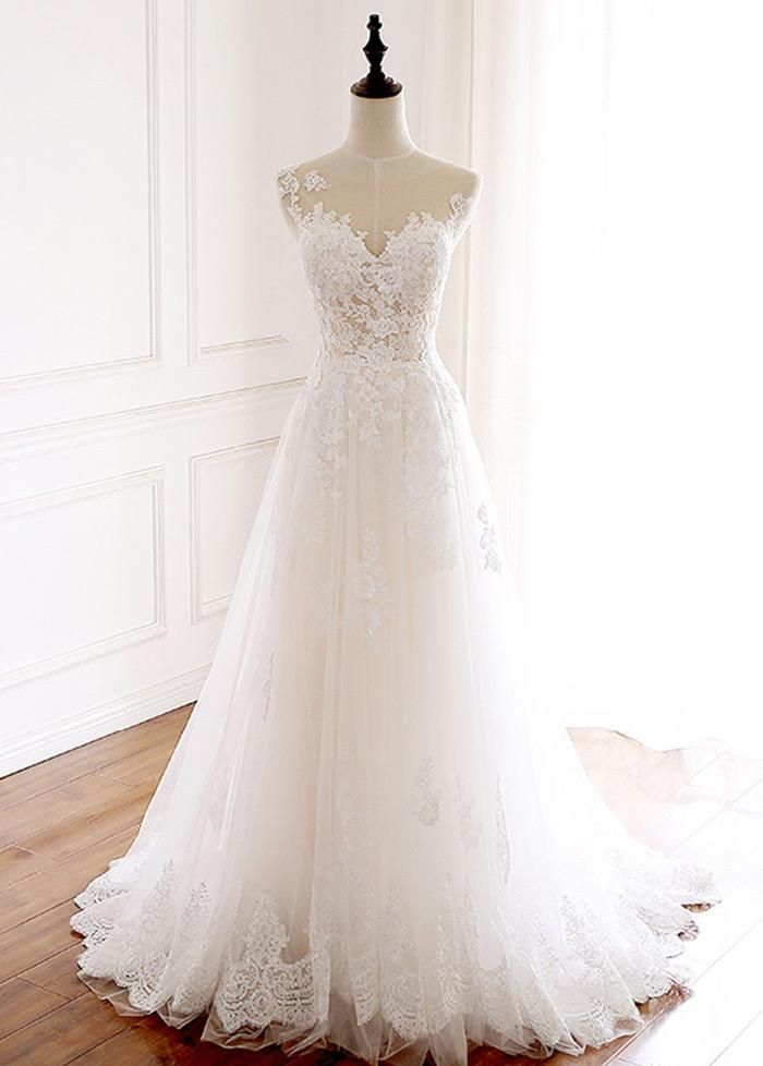 Wedding Dresses Simple, Elegant Tulle Jewel Neckline Full-length A-line Wedding With Lace Appliques Midi Bridal Uk -   16 dress Wedding neckline ideas