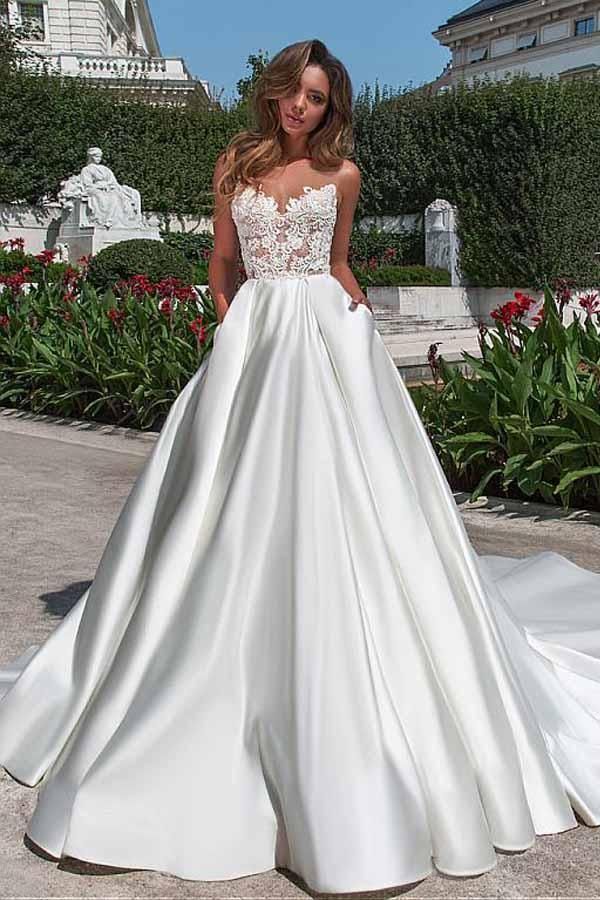 Satin Neckline A-line Open Back Lace Wedding Dress With Pockets Lace Appliques -   16 dress Wedding neckline ideas