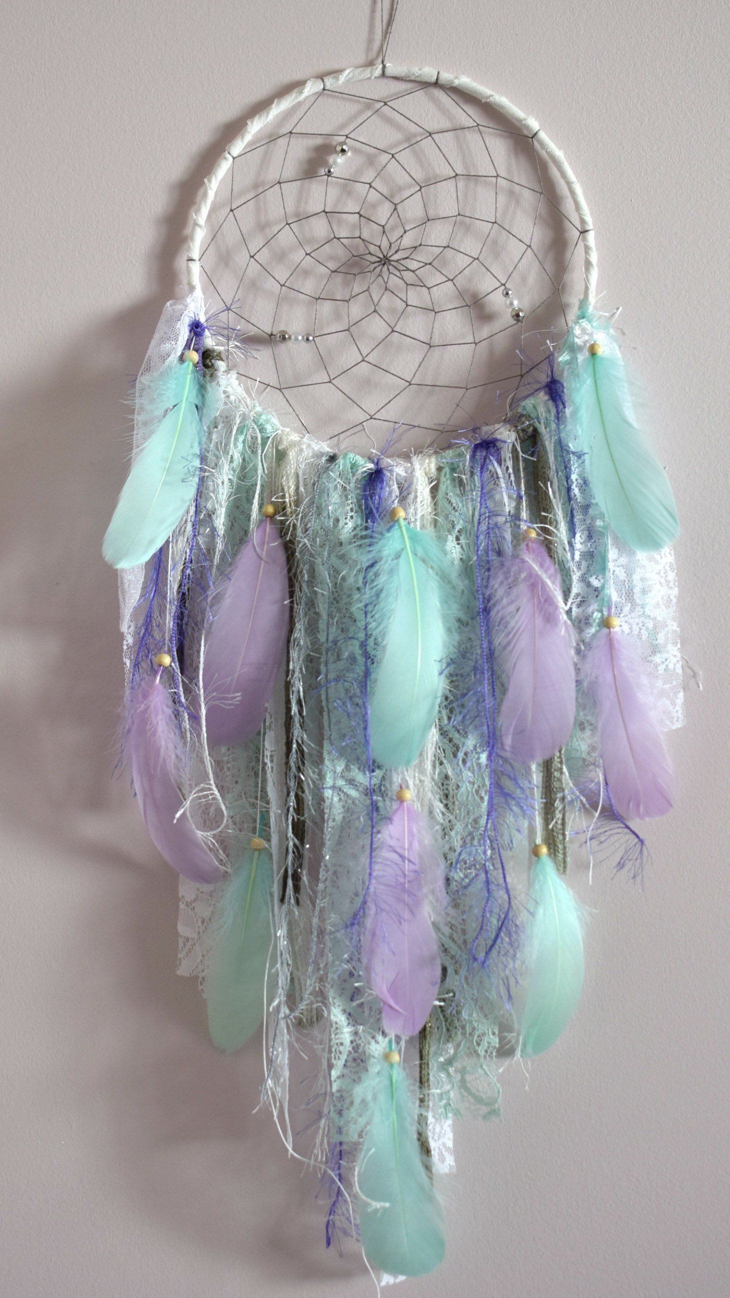Mint Purple Dream Catcher Wall Hanging Lace Dreamcatcher, Boho Nursery Decor -   17 fabric crafts Nursery decor ideas
