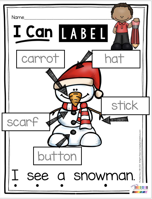 LABELING - Kindergarten Writer's Workshop - writing curriculum and how to label - January Snowman -   17 holiday Activities writing prompts ideas