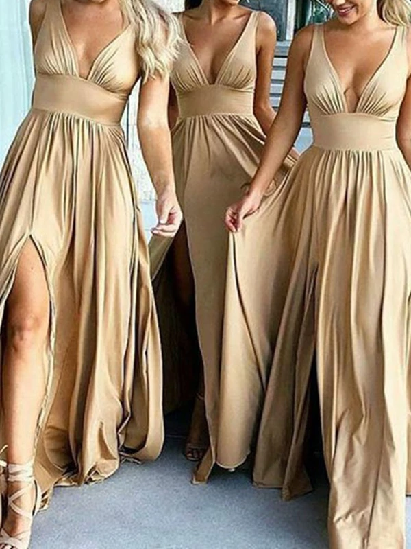 Sleeveless Split-Front A-Line V-Neck Wedding Party Dress -   18 wedding Party size ideas
