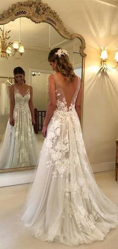 Lace Applique Ivory Beach Wedding Dresses V Neck Backless Wedding Dresses, TYP1244 -   18 wedding Party size ideas