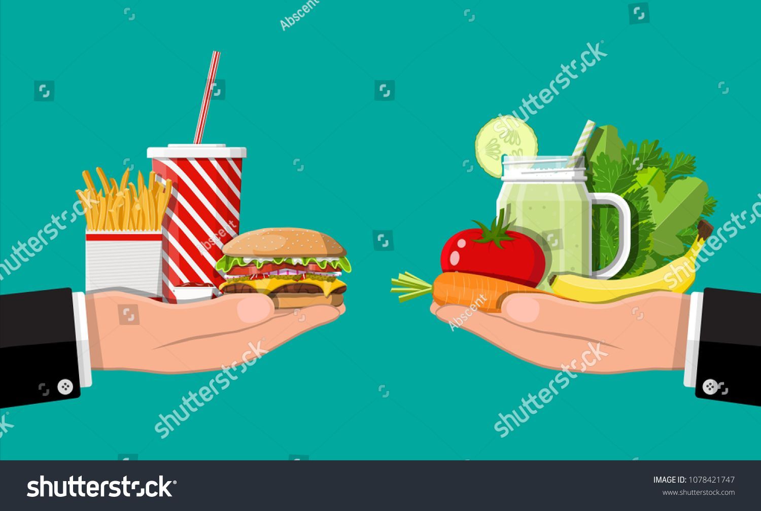 Hands Fast Food Organic Products Diet Stock Vector (Royalty Free) 1078421747 -   12 diet Illustration products ideas