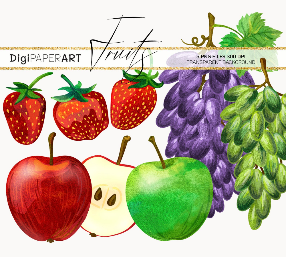 Watercolor Fruits Clipart, Healthy Vegetarian Diet Food, Strawberry, Grape, Red Green Apples, Summer Clipart, Harvest Illustration Clipart -   12 diet Illustration products ideas