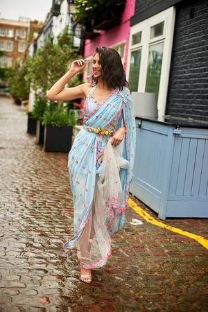 Blue Half & Half Pre-Stitched Saree -   12 dress Indian jewels ideas