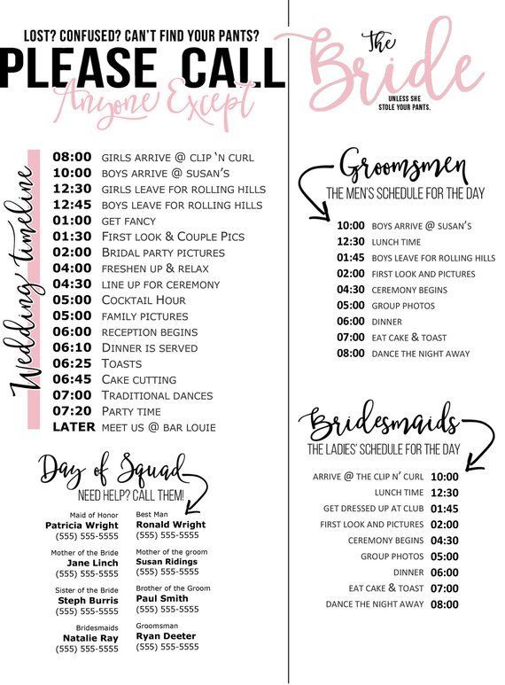 Editable Wedding Timeline - Call Anyone Except the Bride! - Edit in Word - Phone numbers and timeline - Day of Wedding Schedule -   12 Event Planning Template fun ideas
