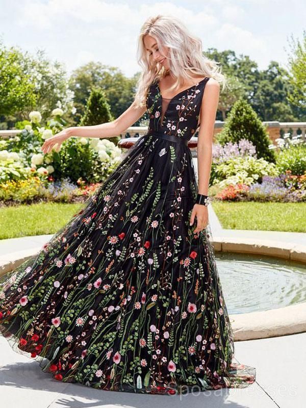 Black Embroidery V Neck Long Sexy Evening Prom Dresses, Cheap Custom Sweet 16 Dresses, 18500 -   14 day dress 2019 ideas