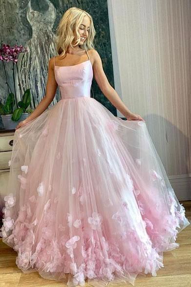 Princess Pink Spaghetti Straps Prom Dresses Scoop Long Cheap Dance Dress with Flowers -   14 day dress 2019 ideas