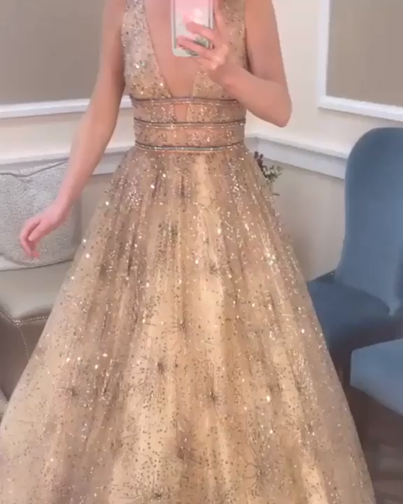 Stunning A-line V neck Sparkly Tulle Evening Dress Champage Prom Dress SED449 -   14 day dress 2019 ideas
