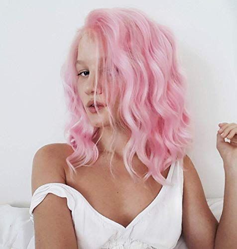 Vigorous Pink Lace Front Wigs for Women Bob Curly Pink Wig Wavy Light Pink Wig Free Part Cosplay Daily Party Wig Heat Resistant Synthetic Lace Front Wigs 16 Inch -   15 hair Pink products ideas