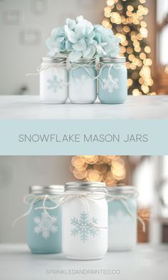 Set of 3 Christmas Holiday Decor Vases, Winter Wedding, Aqua Blue and White Painted Mason Jars Snowflake Decor, Aqua Christmas Decor -   15 holiday Design mason jars ideas