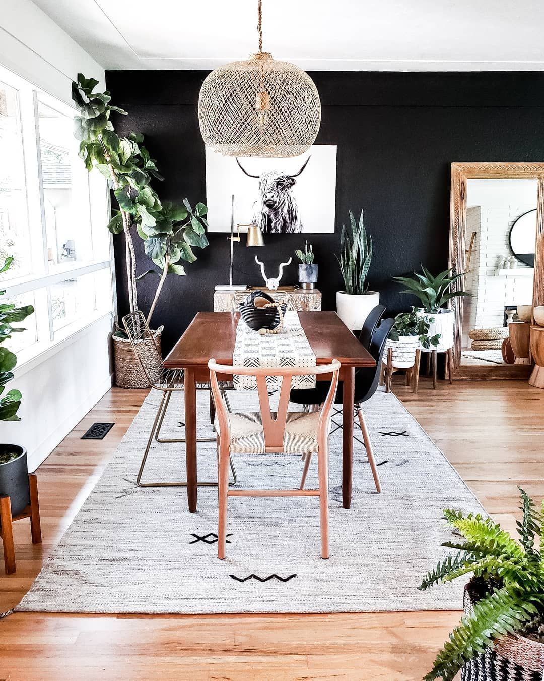 Nikki on Instagram: “Mix matched chairs, teak table finds and a black accent wall for the win!!! I always wanted an open concept dining room space, plus the…” -   15 room decor Dining accent walls ideas
