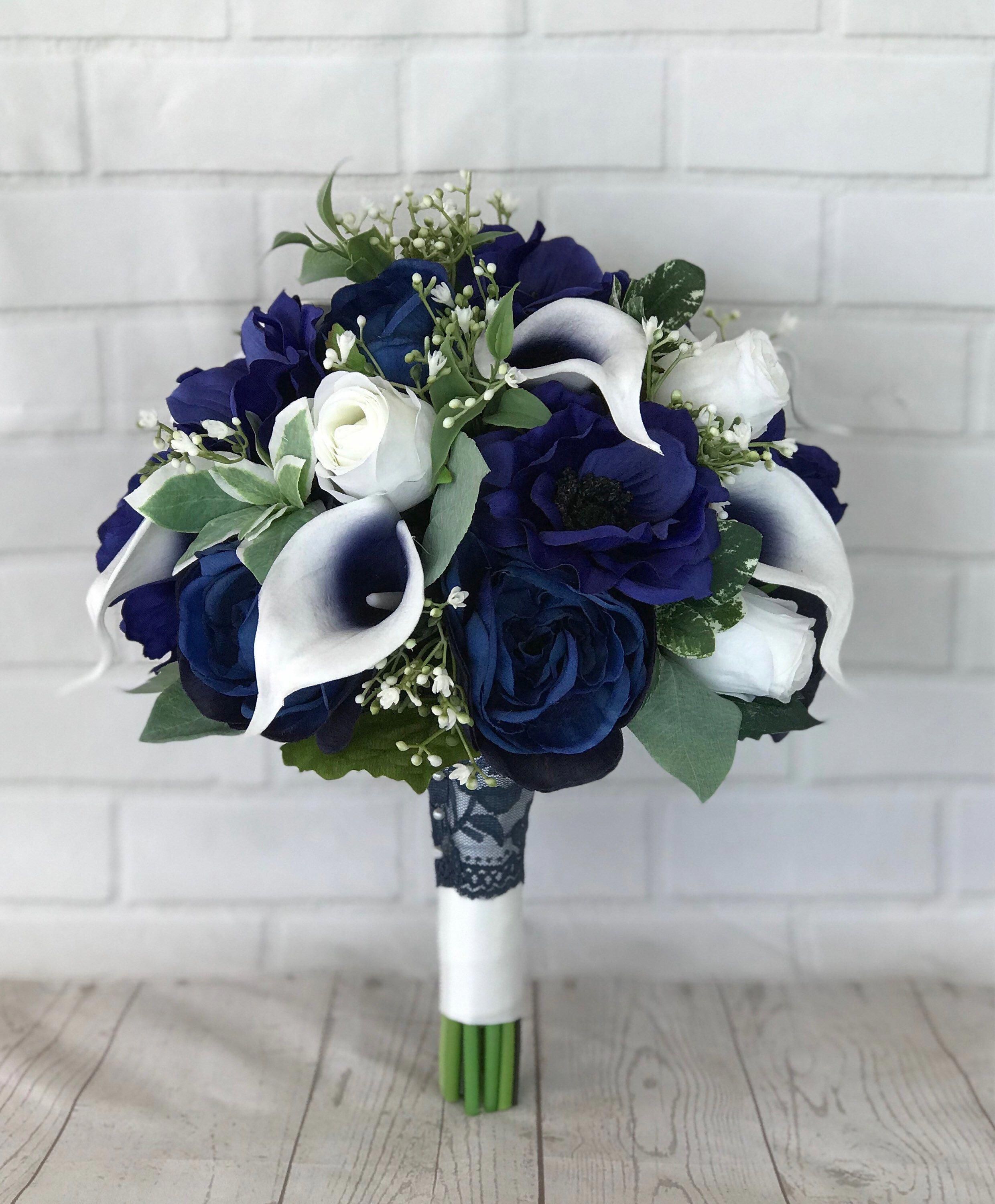 Navy bridal bouquet,Wedding bouquet,Bridal bouquet,Navy wedding flowers,Silk flowers,Wedding accessories,Calla lily bouquet,Something Blue -   15 silk wedding Bouquets ideas