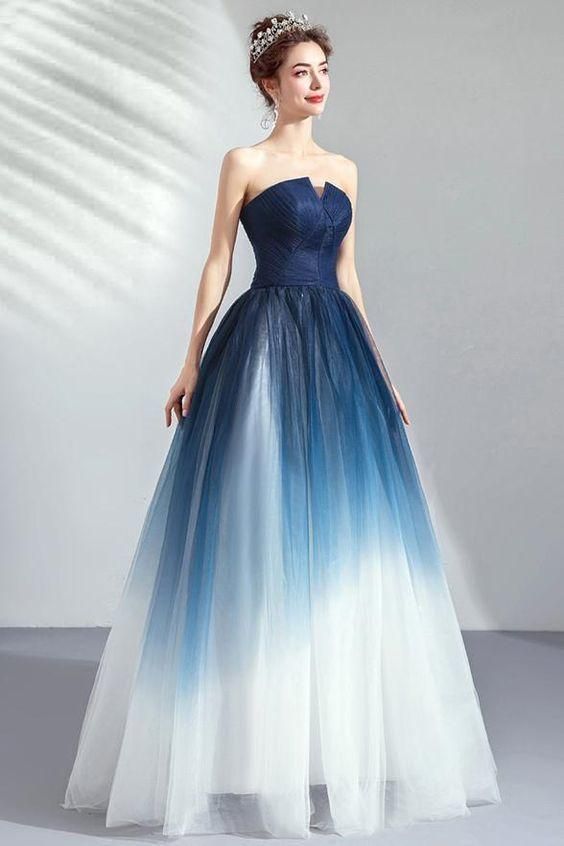Prom Dresses Simple, New Navy Blue Ombre Tulle Strapless Long Prom Dress Formal Evening Grad Gown Dresses Simplicity Dress -   16 gawon dress Beautiful ideas