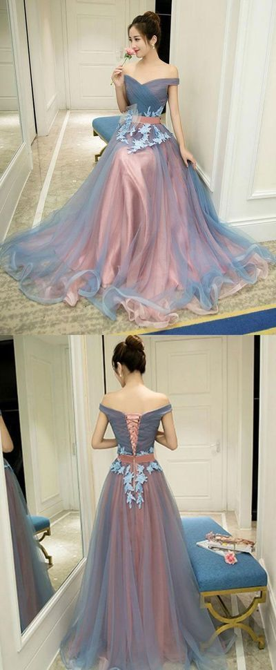 Gray blue tulle off shoulder long prom dress, gray blue evening dress G044 from MeetBeauty -   16 gawon dress Beautiful ideas