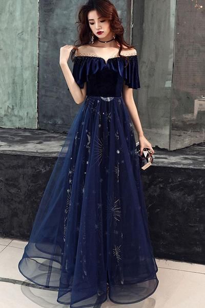 Blue Floral Print Tulle Long Satin V Neck Beaded Prom Dress, Formal Dress -   16 gawon dress Beautiful ideas