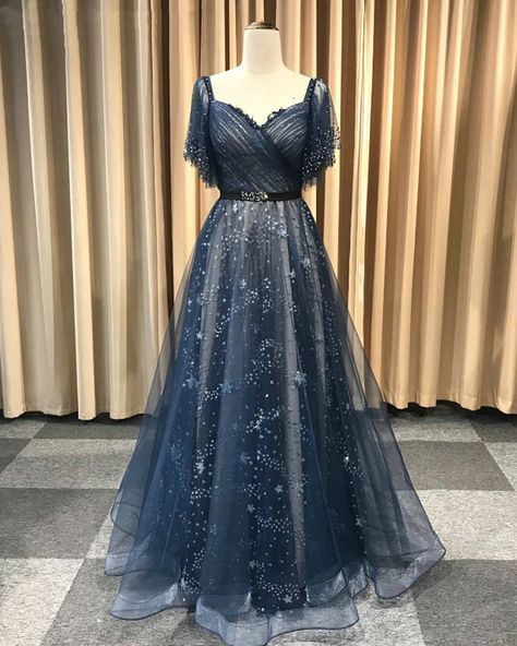 Deep Blue Lace Long A Line Prom Dress, Evening Dress With Sleeve -   16 gawon dress Beautiful ideas