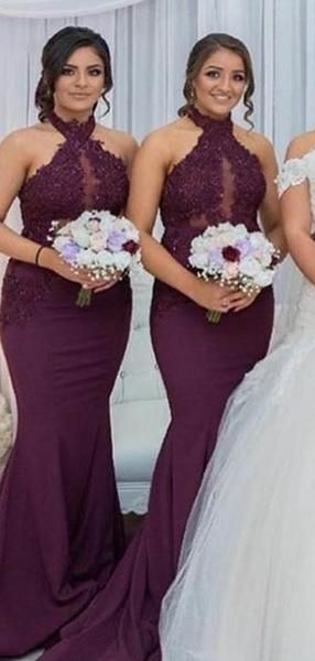 Purple Halter With Lace Long Mermaid Bridesmaid Dresses, Bridesmaid Dresses, VB02268 -   17 braids dress Bridesmaid ideas