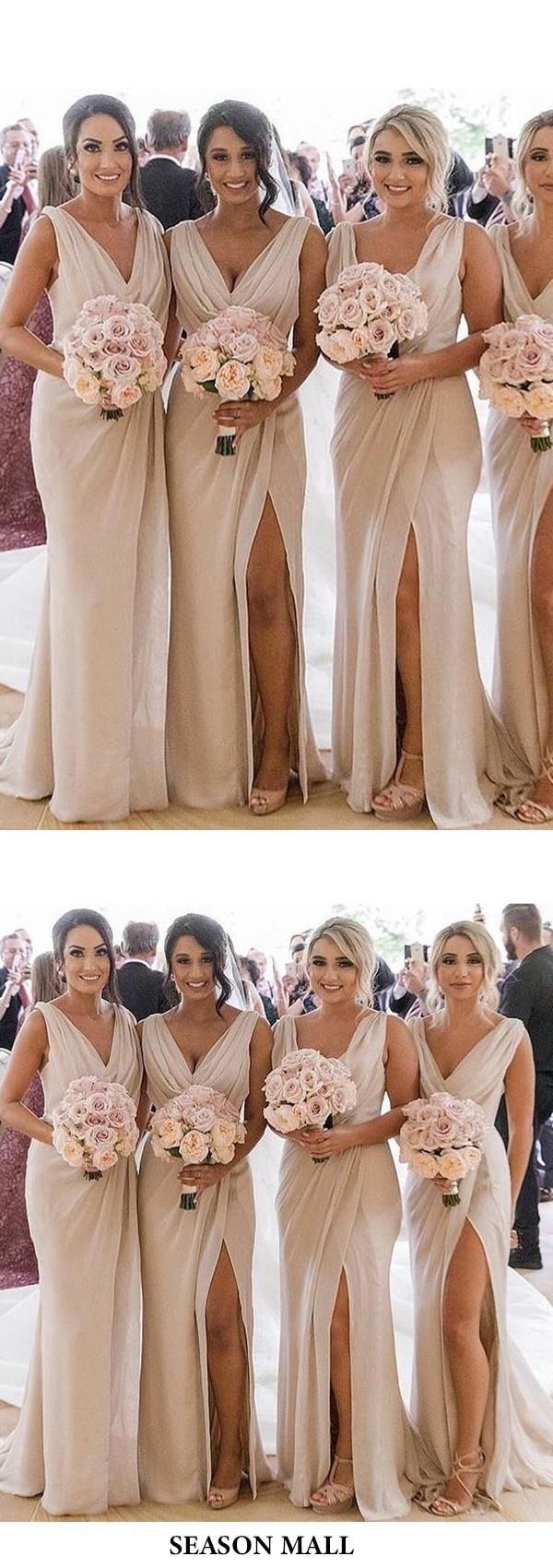 A Line Chiffon V Neck Beige Ruffles Bridesmaid Dresses Long with Slit Prom Dresses -   17 braids dress Bridesmaid ideas