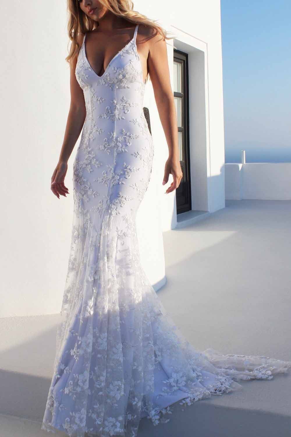 Sexy Backless Off White Mermaid Lace V Neck Wedding Dresses Long Prom Dresses -   17 dress Cocktail womens ideas