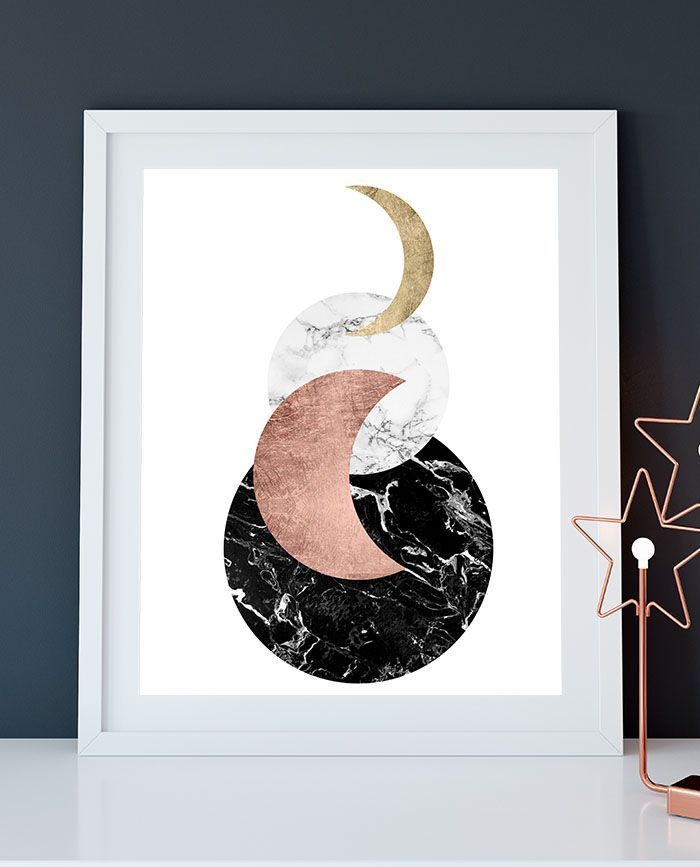 Printable modern black white marble gold rose gold moons minimalist art -   17 room decor Art shape ideas