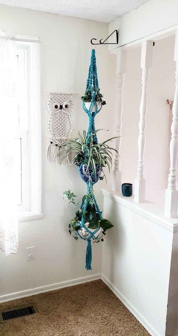 Boho Room Decor - Hippie Room Decor - Triple Macrame Plant Hanger - Boho Living Room Decor - Boho Home Decor - Turquoise Macrame - 3 Tier -   18 boho plants House ideas