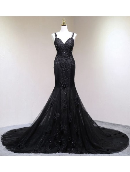 Black Gothic Beading Mermaid Wedding Dress -   19 black wedding Gown ideas