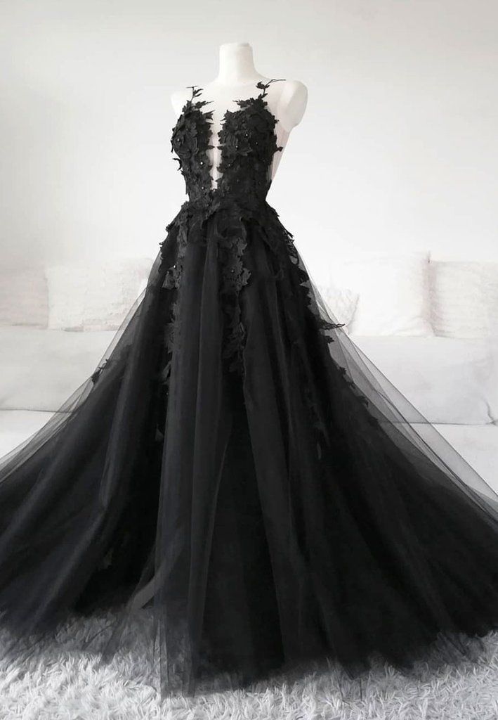 Black lace tulle long prom gown black evening dress -   19 black wedding Gown ideas