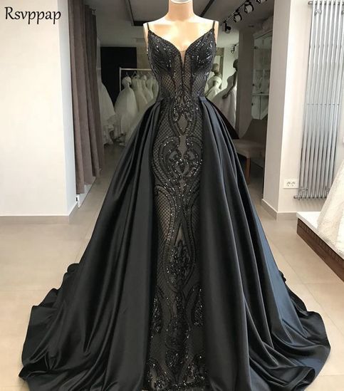 Exclusive black  spaghetti straps  satin lace long dress -   19 black wedding Gown ideas