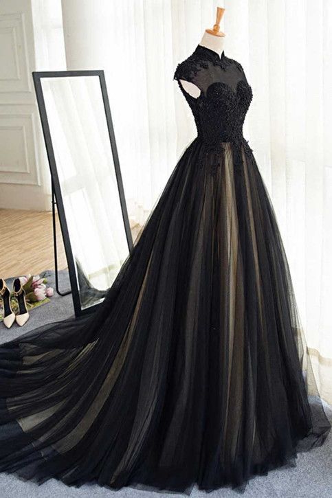 elegant long black tulle lace long prom dress,a line formal black tulle evening dress -   19 black wedding Gown ideas