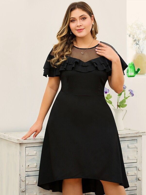 Plus Contrast Ruffle Zip Back Dress -   19 dress Black plus size ideas
