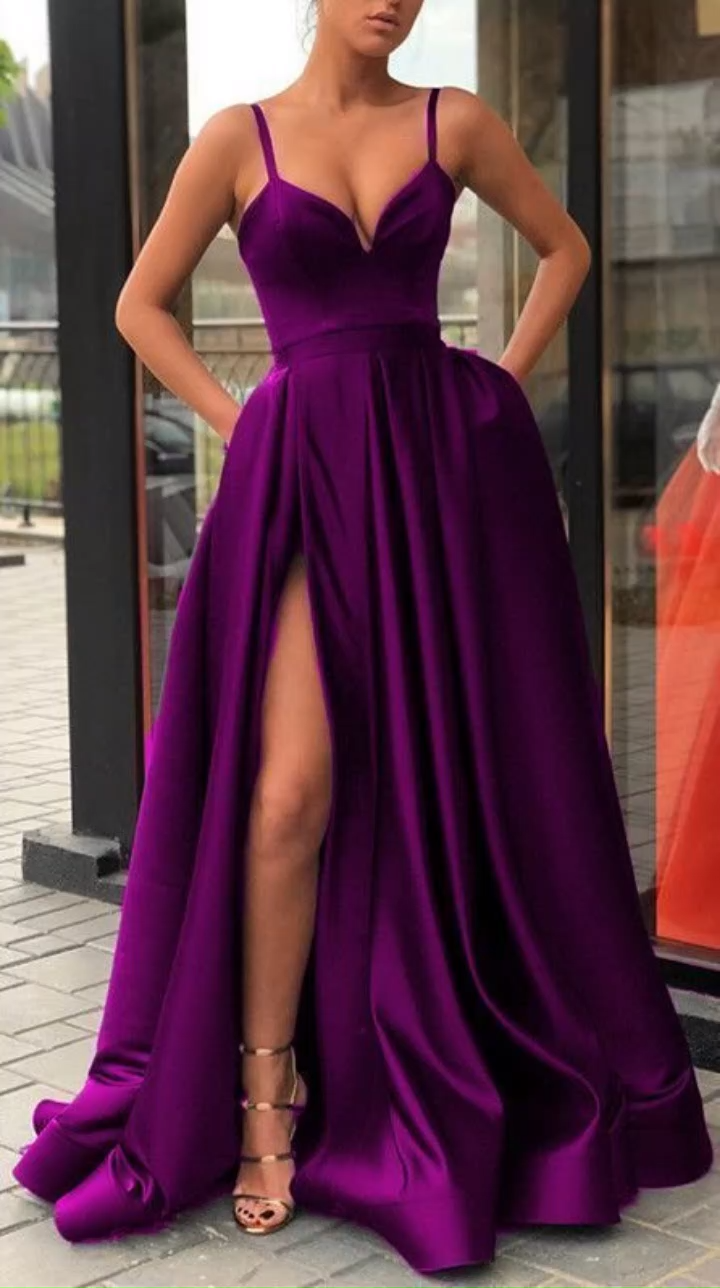 High Thigh Slit Burgundy Formal Prom Dresses with Double Straps -   19 dress Formal gala ideas
