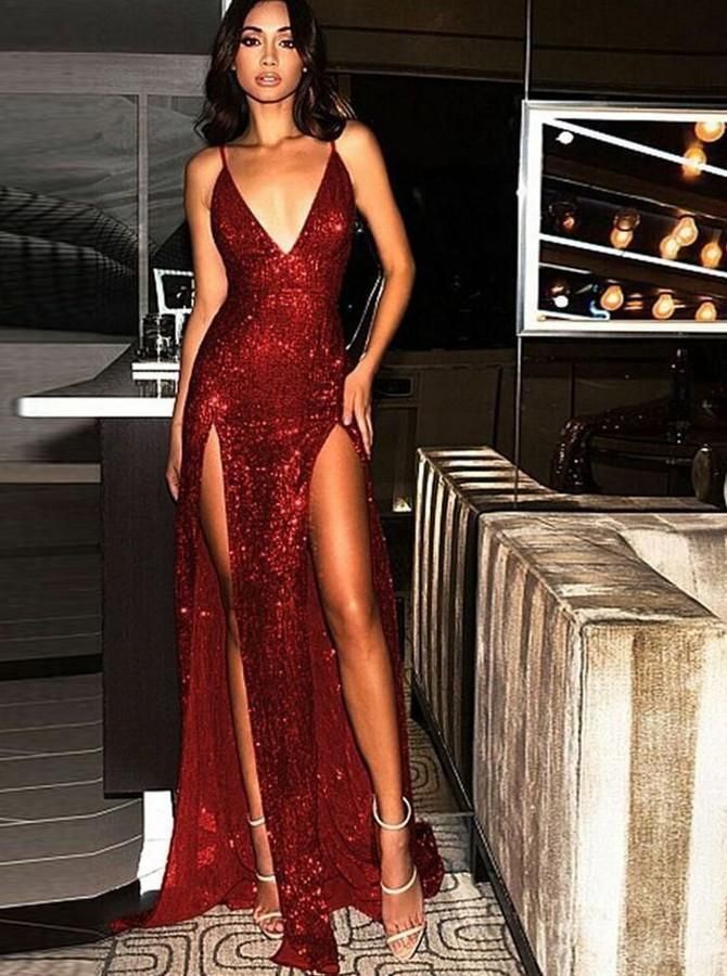 Elegant Spaghetti Straps Tight Split Dark Red Sequined Prom Evening Party Dresses -   19 dress Formal gala ideas