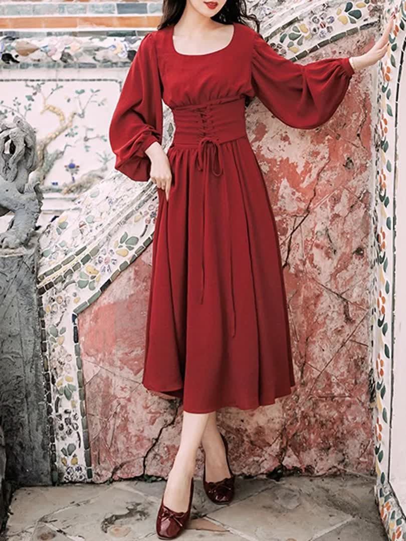 Women's Crew Neck Retro Red Simple A Line Dress Slim Maxi Square Collar Long Sleeve High Waist Dr... -   19 dress Red simple ideas