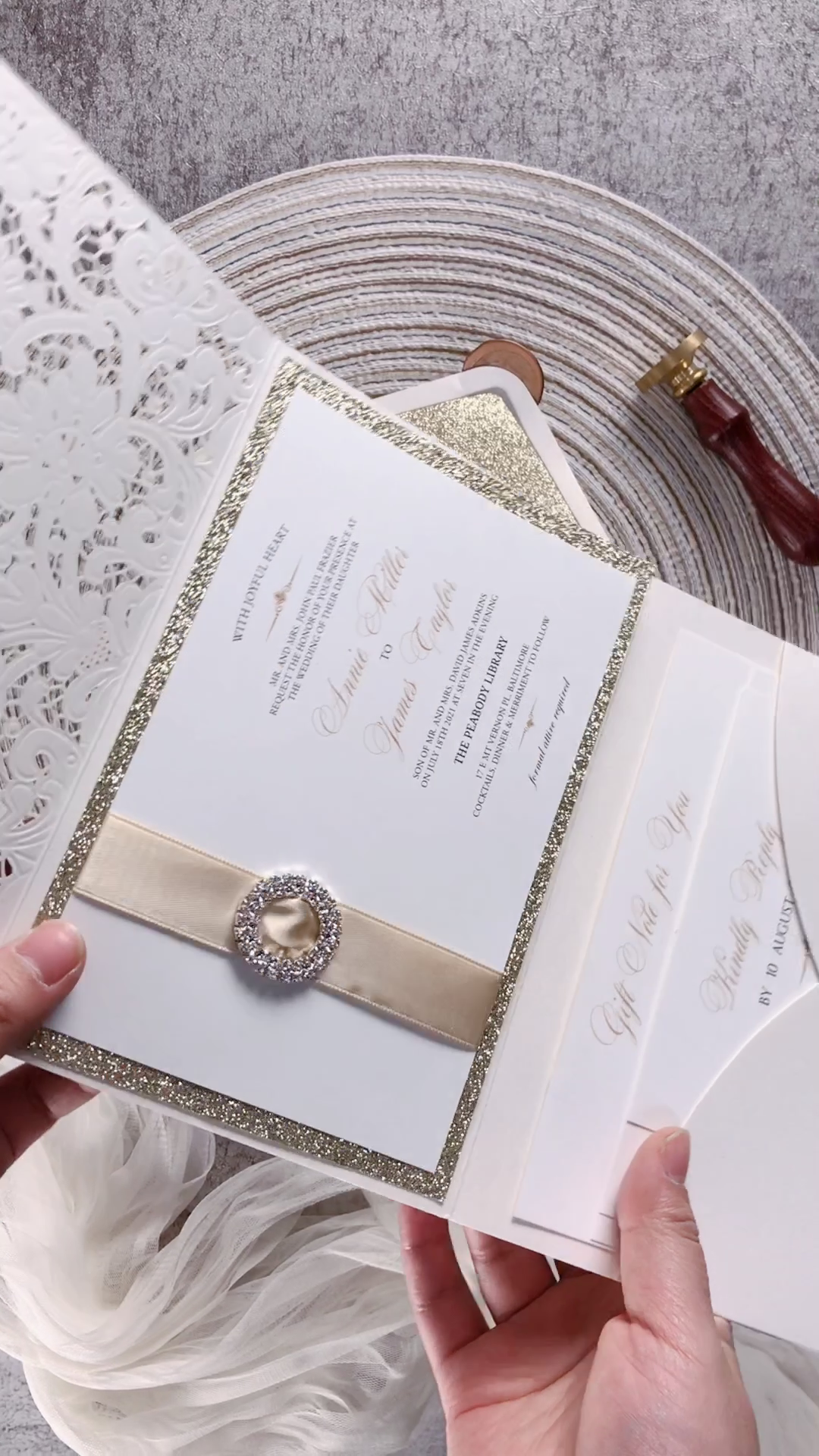 Formal Elegant Ivory And Champagne Gold Glittery Pocket Wedding Invitations With Bling Reinstone -   19 wedding Planning videos ideas